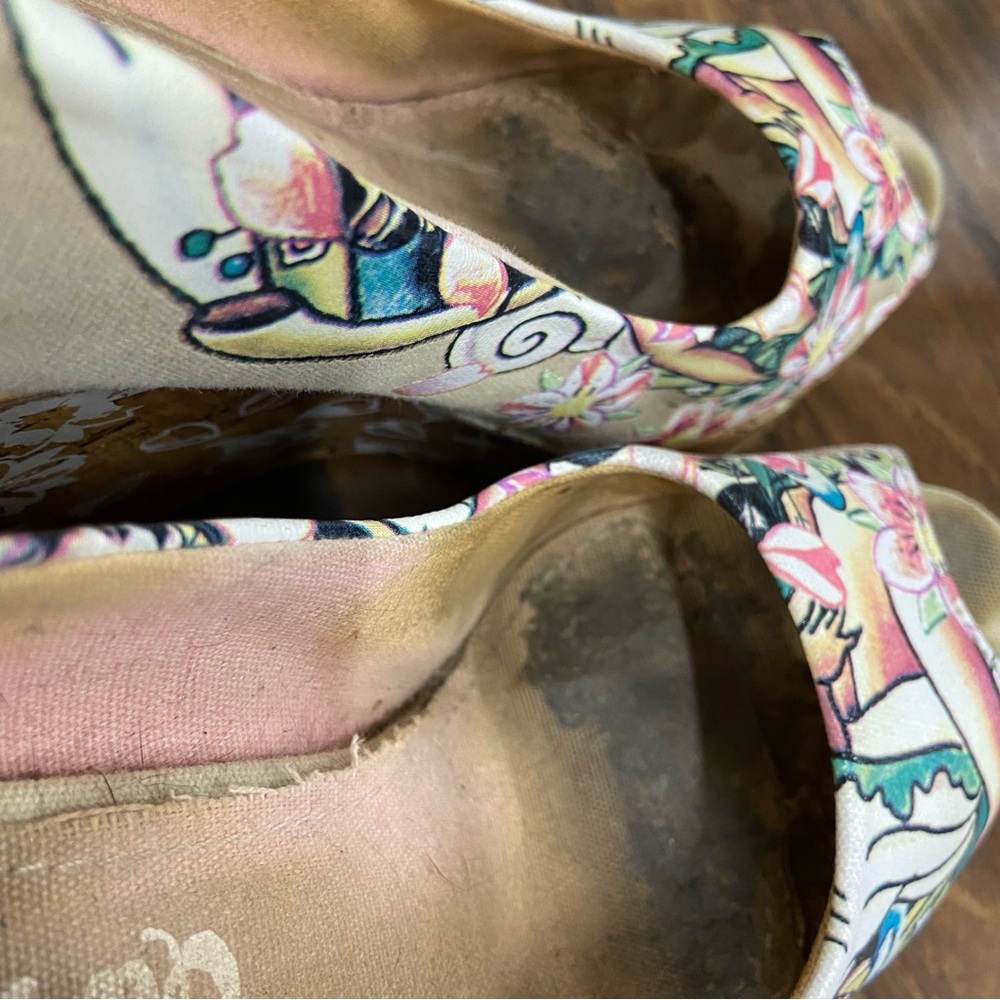Ed Hardy Womens Skull Hibiscus Cork Wedge Heels Peep Toe Tattoo Print Size 8 - Picture 10 of 10